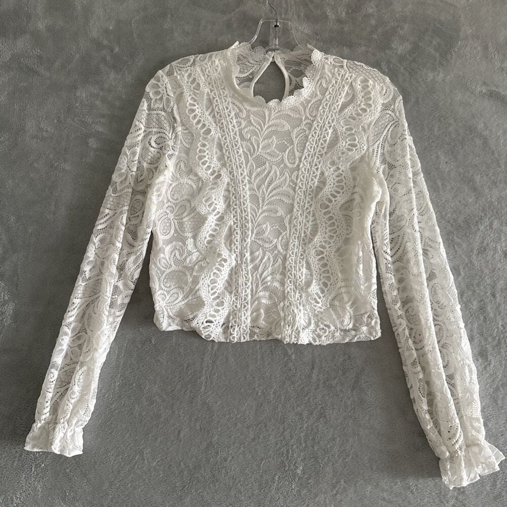 Women's White Lace Blouse Crop Top Women’s Sz S White Ruffle Boho Cottage Praire - Picture 5 of 15